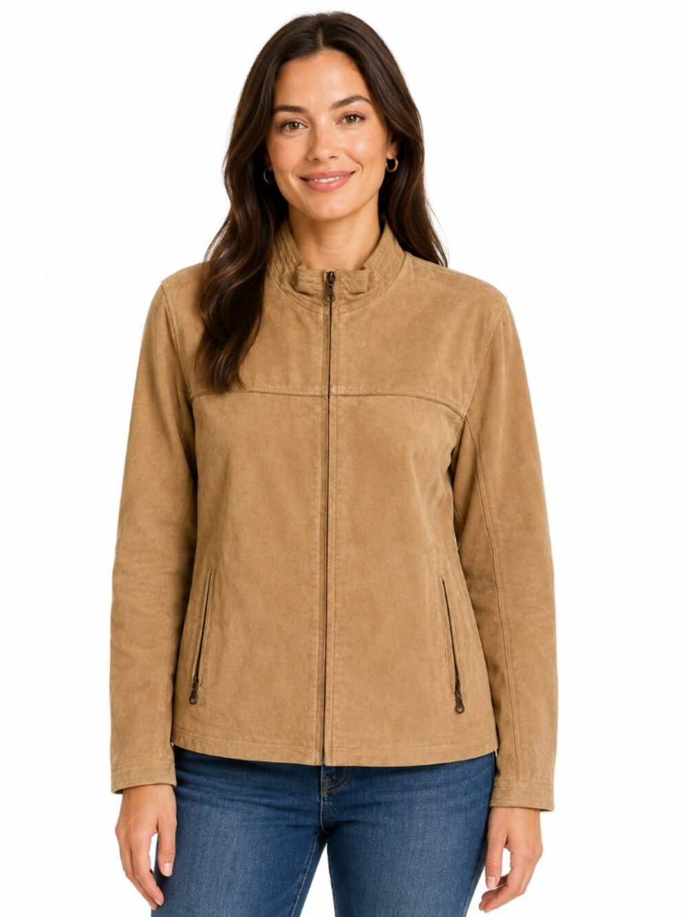 Capucino Tan Suede Leather Zip-Up Jacket - Size M